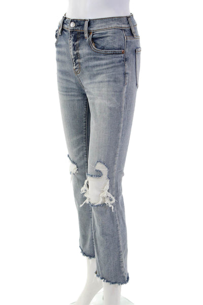 Daze Womens Cropped Straight Jeans Light Blue High Rise Button Size 25