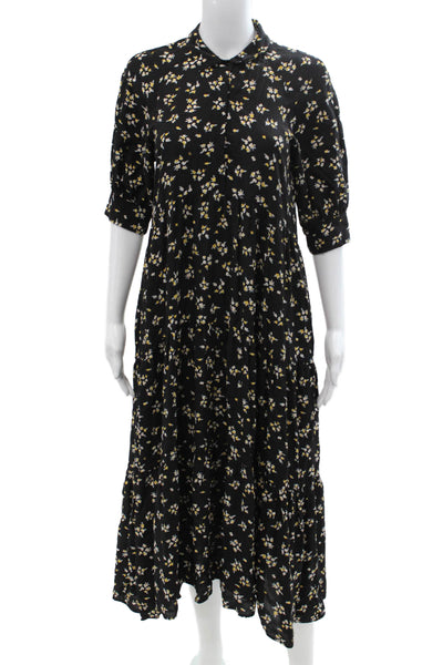 Zara Women Black Floral Shirt Dress Maxi 3/4 Sleeve Viscose Size XS