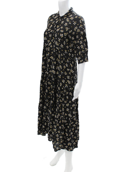 Zara Women Black Floral Shirt Dress Maxi 3/4 Sleeve Viscose Size XS