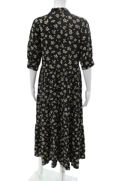 Zara Women Black Floral Shirt Dress Maxi 3/4 Sleeve Viscose Size XS