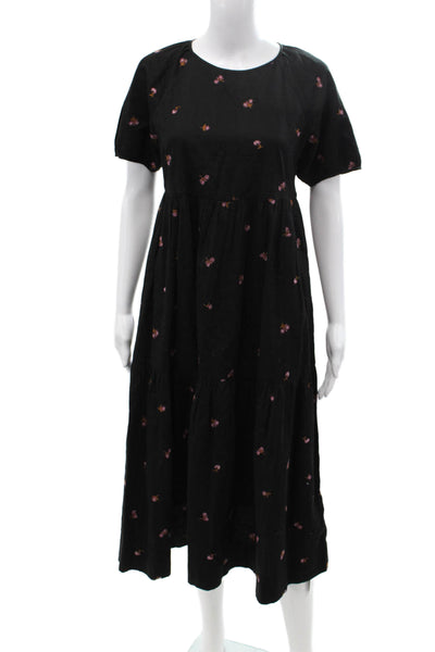 Madewell Womens A-Line Maxi Dress Black Floral Cotton Short Sleeve Size XS