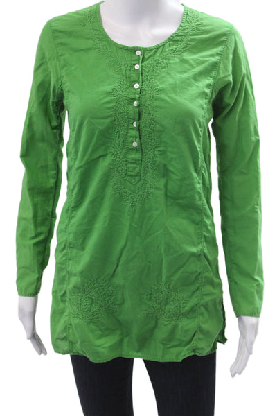 J Crew Women Tunic Green Long Sleeve Button 100% Cotton Round Neck Size XS