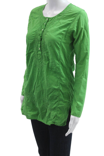 J Crew Women Tunic Green Long Sleeve Button 100% Cotton Round Neck Size XS