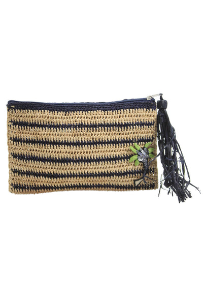 mar Y sol Womens Straw Striped Sequined Clutch Handbag Beige Navy Blue