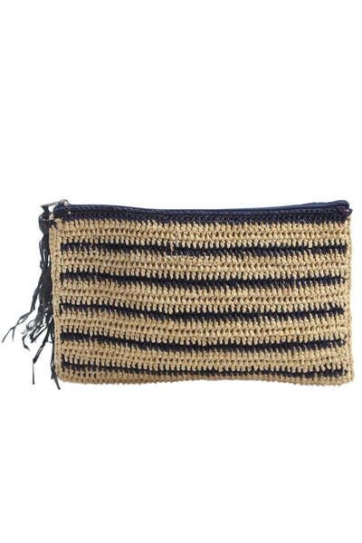 mar Y sol Womens Straw Striped Sequined Clutch Handbag Beige Navy Blue