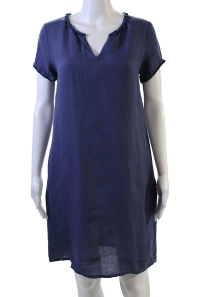 Hartford Womens Dark Blue Linen Shift Dress Short Sleeve V-Neck Size 1