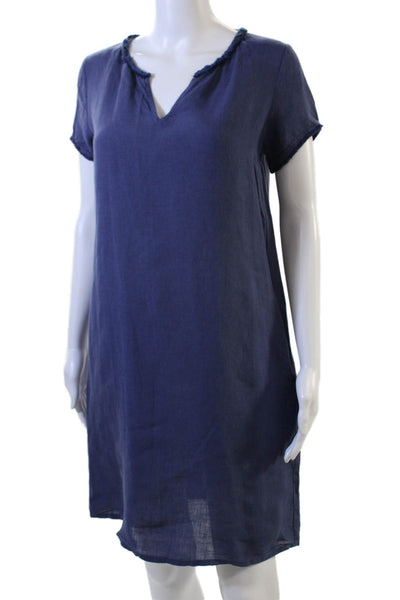 Hartford Womens Dark Blue Linen Shift Dress Short Sleeve V-Neck Size 1