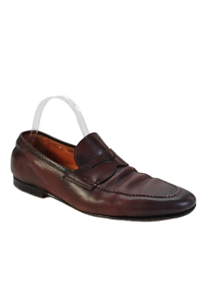 Santoni Mens Leather Slide On Dress Shoe Loafers Cognac Brown Size 9