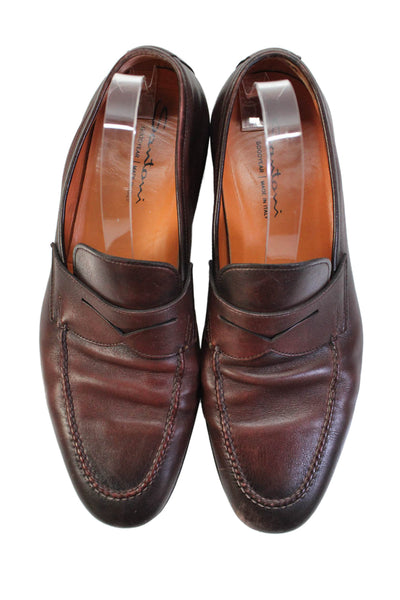 Santoni Mens Leather Slide On Dress Shoe Loafers Cognac Brown Size 9