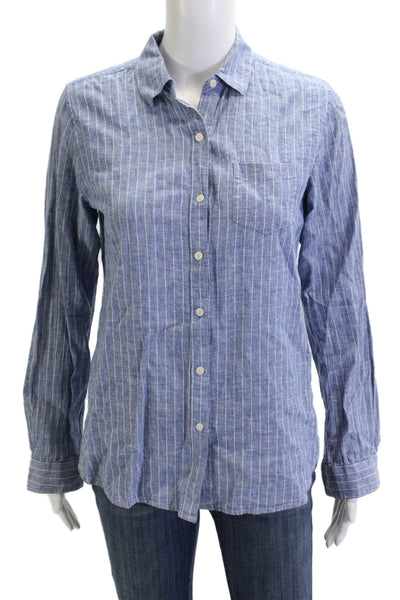 Birds of Paradis Women Blue Striped Button-Up Long Sleeve Top Size XS