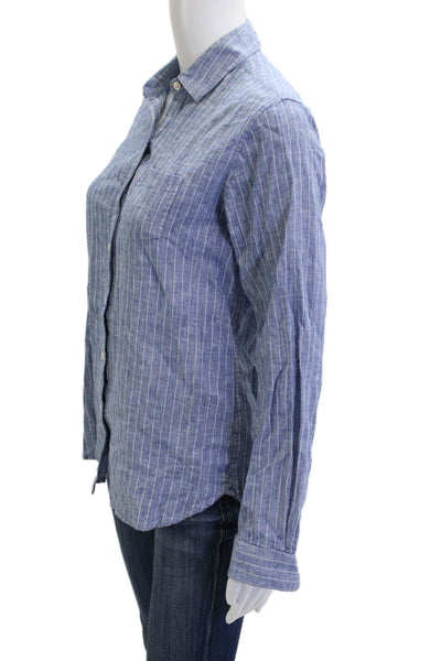 Birds of Paradis Women Blue Striped Button-Up Long Sleeve Top Size XS