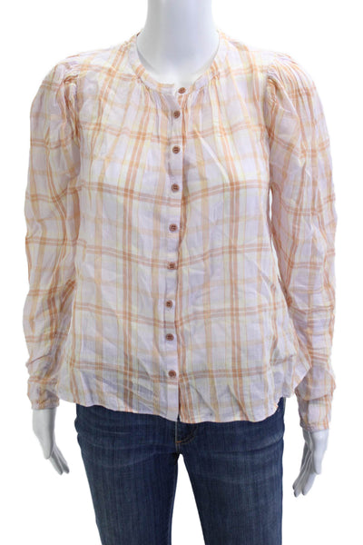 Ulla Johnson Womens White Check Cotton Button Up Blouse Long Sleeve Boho Size 0