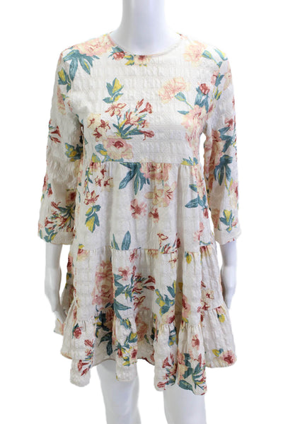 Zara Women A-Line Shift Dress White Floral 3/4 Sleeve Size XS