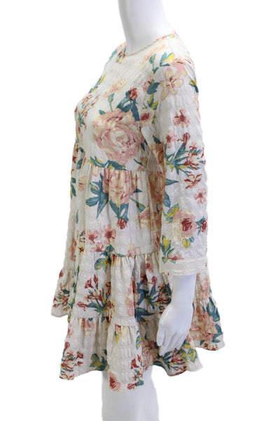Zara Women A-Line Shift Dress White Floral 3/4 Sleeve Size XS