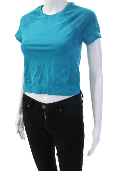 Sweaty Betty Womens Cropped Blue Short Sleeve Crew Neck Polyester Tshirt Size S