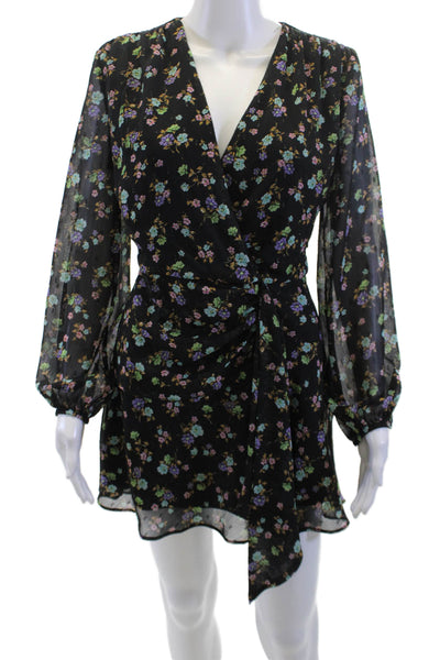 Zara Womens Black Floral V-Neck Long Sleeve Mini Wrap Dress Polyester Size S
