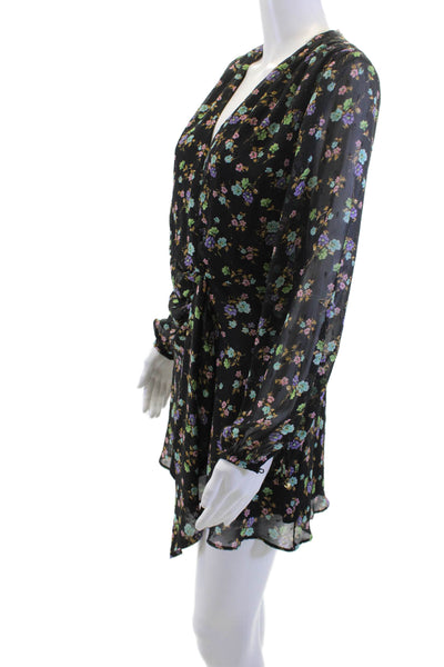 Zara Womens Black Floral V-Neck Long Sleeve Mini Wrap Dress Polyester Size S