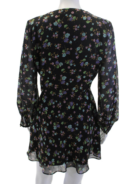 Zara Womens Black Floral V-Neck Long Sleeve Mini Wrap Dress Polyester Size S