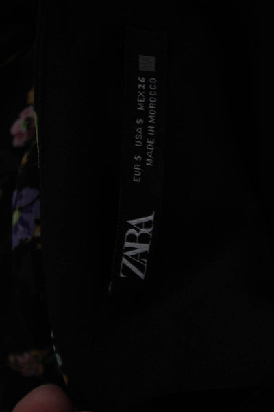 Zara Womens Black Floral V-Neck Long Sleeve Mini Wrap Dress Polyester Size S