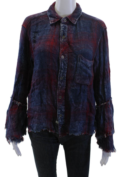 Vintage Havana Women Plaid Rayon Button Up Dark Blue Long Sleeve Size S