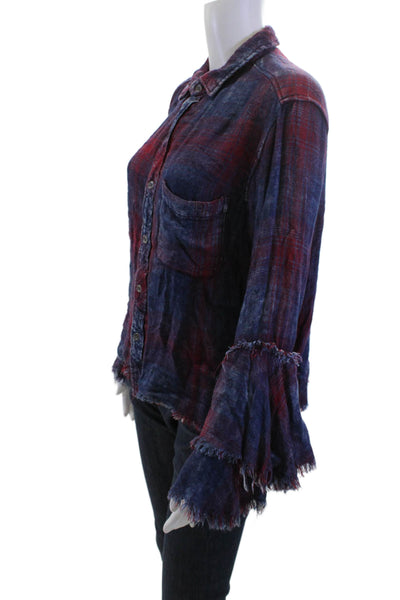 Vintage Havana Women Plaid Rayon Button Up Dark Blue Long Sleeve Size S