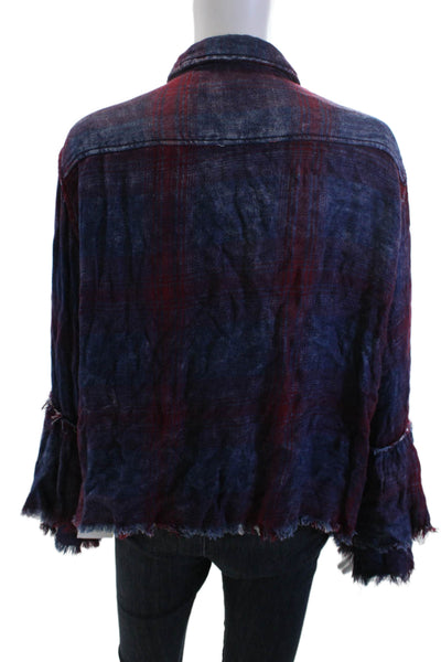 Vintage Havana Women Plaid Rayon Button Up Dark Blue Long Sleeve Size S
