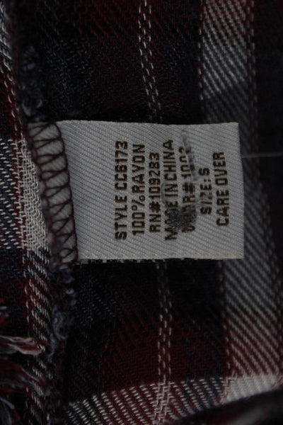 Vintage Havana Women Plaid Rayon Button Up Dark Blue Long Sleeve Size S