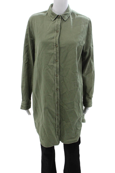 Unsubscribed Women Shirt Dress Green Cotton Long Sleeve Collared Army Size S