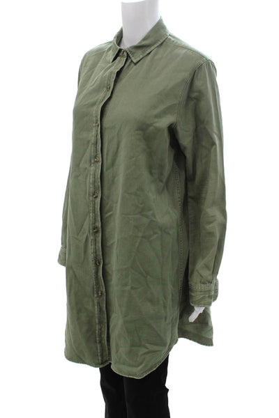 Unsubscribed Women Shirt Dress Green Cotton Long Sleeve Collared Army Size S