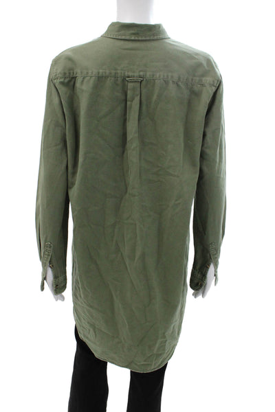 Unsubscribed Women Shirt Dress Green Cotton Long Sleeve Collared Army Size S