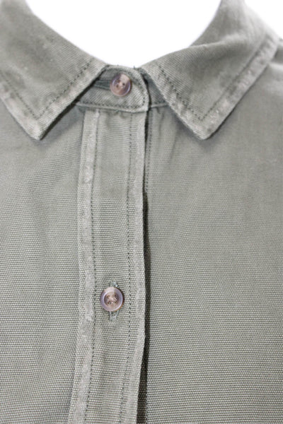 Unsubscribed Women Shirt Dress Green Cotton Long Sleeve Collared Army Size S