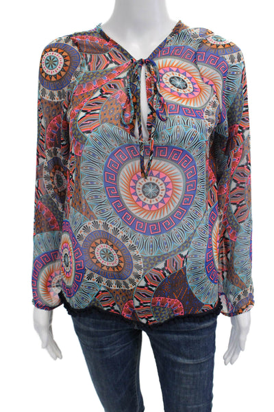 Vintage Havana Women Tunic Blouse Blue Aztec Geometric Long Sleeve Size M