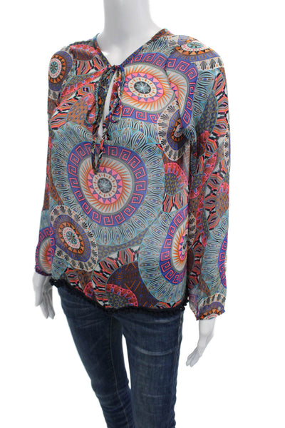 Vintage Havana Women Tunic Blouse Blue Aztec Geometric Long Sleeve Size M