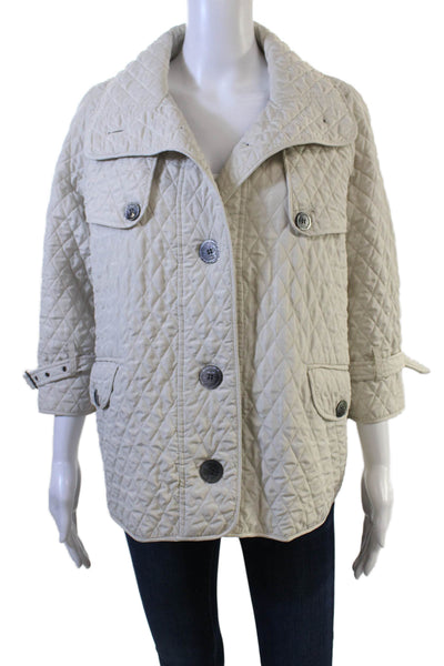 Mel & Lisa Womens Quilted Beige Jacket Collared 3/4 Sleeve Argyle Size 6