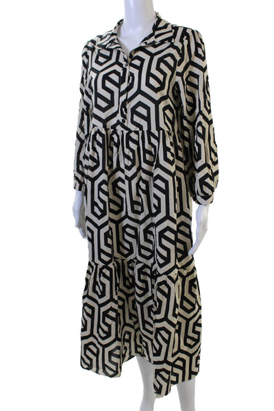 Zara Women Shirt Dress Beige Collared Long Sleeve Geometric Cotton Size M