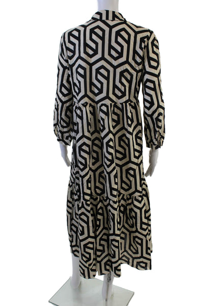 Zara Women Shirt Dress Beige Collared Long Sleeve Geometric Cotton Size M