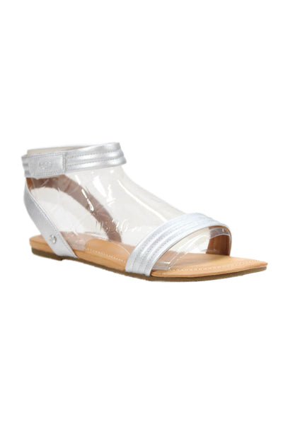 Ugg Womens Leather Ankle Strap Ethena Slingbacks Sandals Silver Size 10