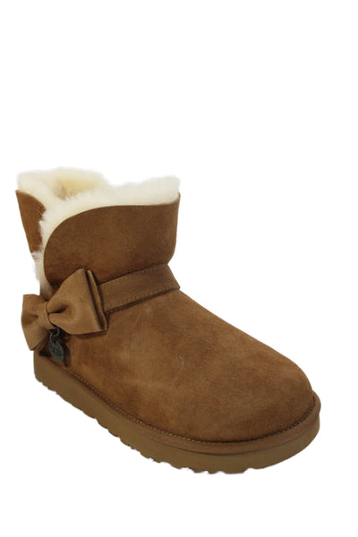 Ugg Womens Suede Mini Bow Ankle Boots Brown Size 10