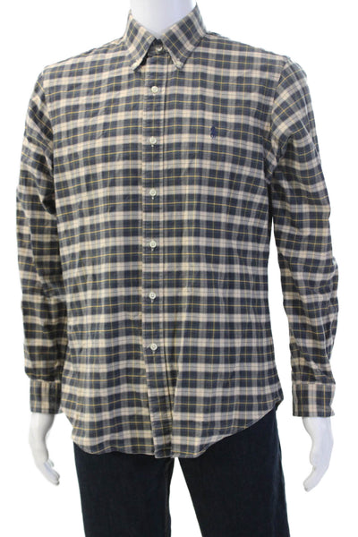 Polo Ralph Lauren Mens Button Front Collared Plaid Shirt Brown Navy Size Medium