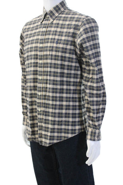 Polo Ralph Lauren Mens Button Front Collared Plaid Shirt Brown Navy Size Medium