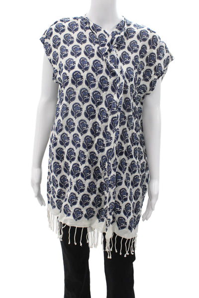 J Crew Women Tunic Blue Paisley Linen Cotton Button Short Sleeve Boho Size XS