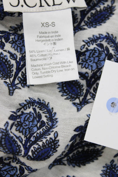 J Crew Women Tunic Blue Paisley Linen Cotton Button Short Sleeve Boho Size XS