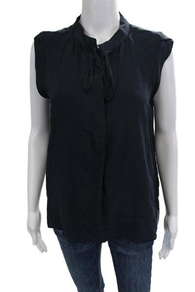 Joe Fresh Women Petites Silk High Neck Tie Blouse Dark Blue Sleeveless Size S