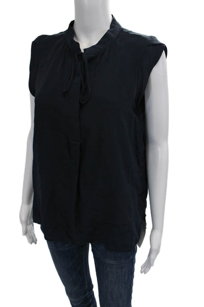 Joe Fresh Women Petites Silk High Neck Tie Blouse Dark Blue Sleeveless Size S