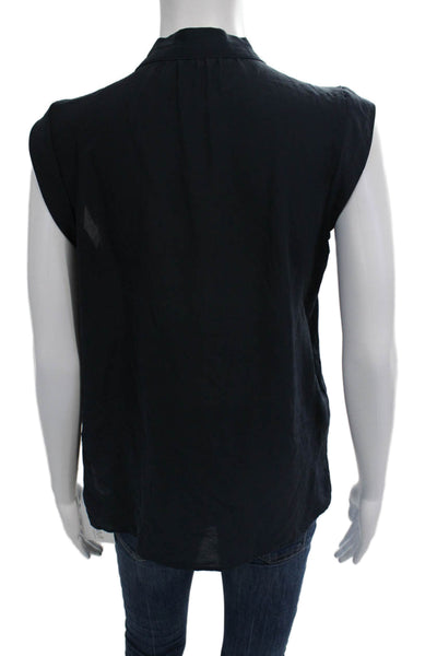Joe Fresh Women Petites Silk High Neck Tie Blouse Dark Blue Sleeveless Size S
