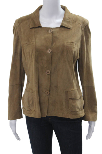 Shari's Place Womens Classic Brown Leather Collared Button Jacket Size 46