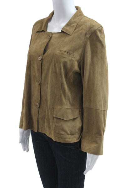 Shari's Place Womens Classic Brown Leather Collared Button Jacket Size 46