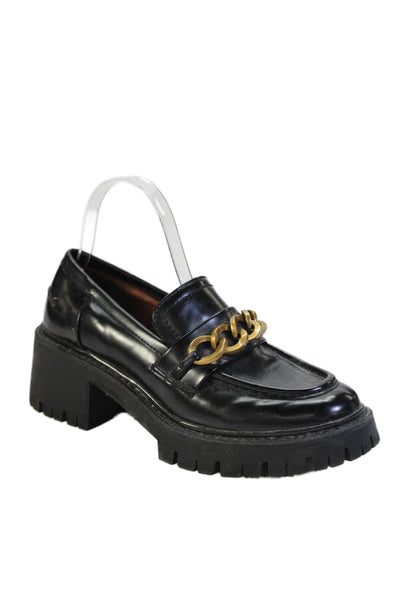 Zara Womens Slip On Block Heel Chain Bit Loafers Black Leather Size 39