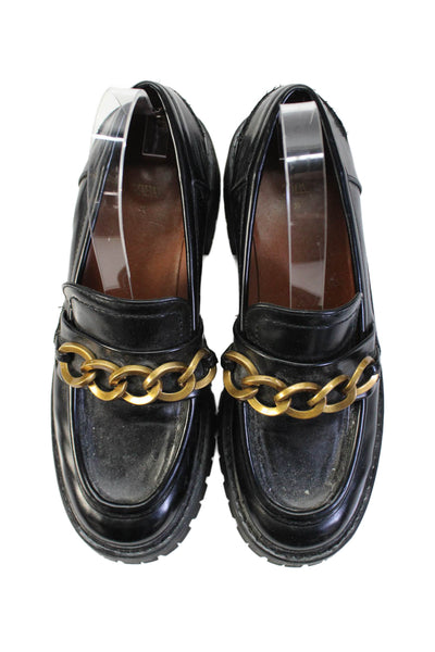 Zara Womens Slip On Block Heel Chain Bit Loafers Black Leather Size 39