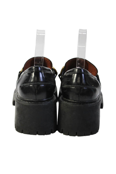 Zara Womens Slip On Block Heel Chain Bit Loafers Black Leather Size 39